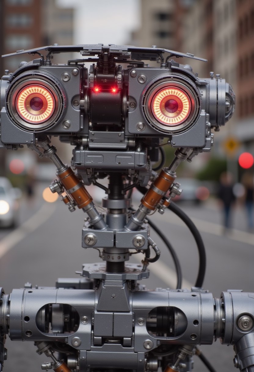 a_skynet_cyberdyne_craft, the image is featuring a, Johnny5 robot. red eyes. evil. Text on screen "Need Buzz"