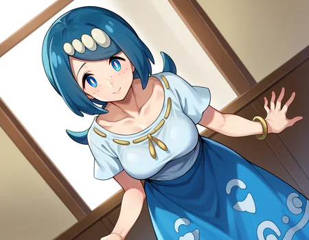 score_9, score_8_up, score_7_up, source_anime,
pokemonmotherlana, <lora:pokemon-mother-lana-ponyxl-lora-nochekaiser:1>
pokemonmotherlana, blue eyes, blue hair, freckles, hair ornament, long hair, swept bangs, bright pupils,
blouse, blue skirt, bracelet, collarbone, dress, jewelry, long skirt, shirt, short sleeves, skirt, white shirt,
indoors, bent over,
looking at viewer, cowboy shot, dutch angle,