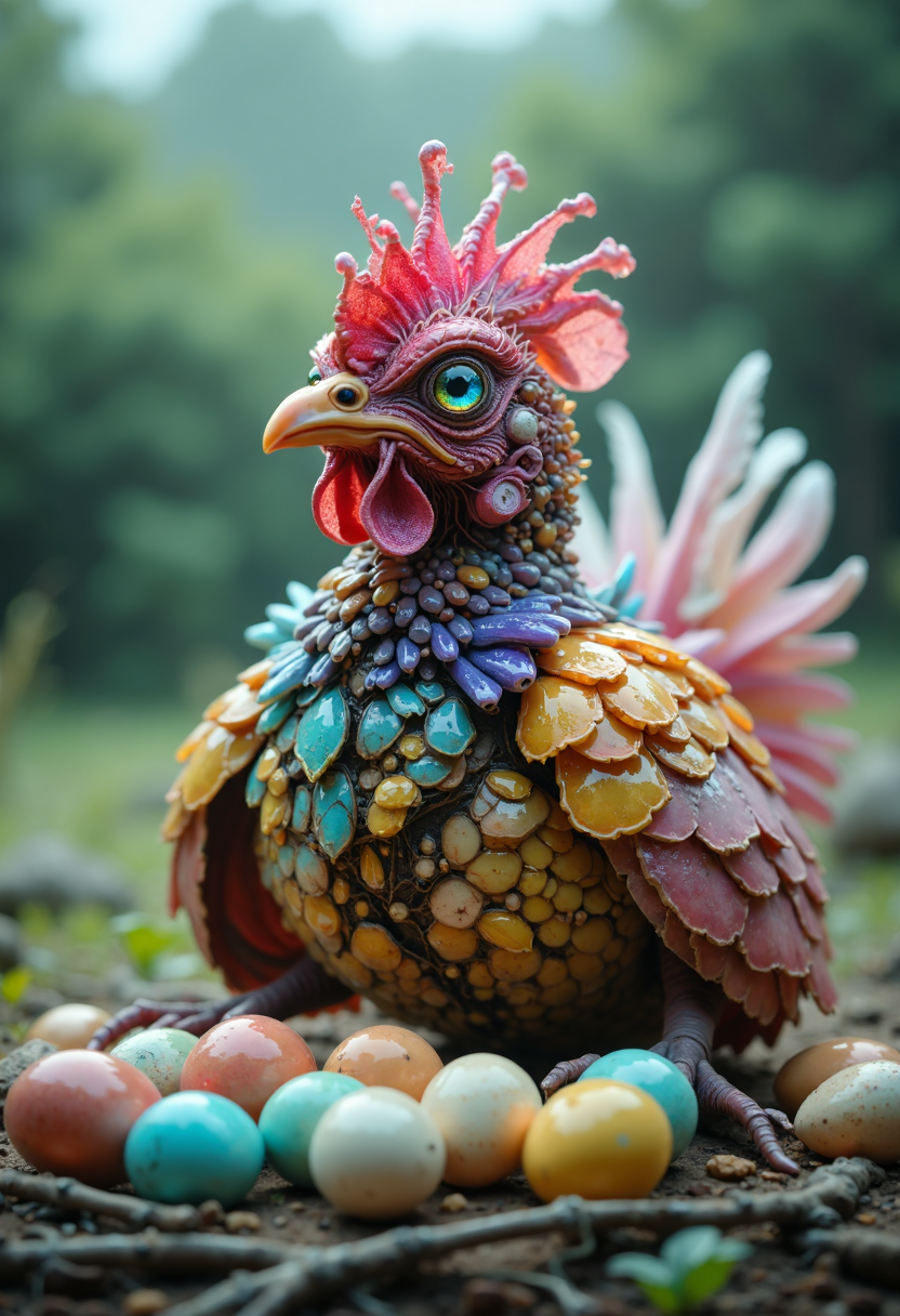 cinematic film still Ombre color scheme of neon colors: pink, yellow, purple:
a monster fusion of an (chicken:1.5) made out of b10t4c34an, iridescent exoskeleton, (outdoors on a farm:1.5), (sitting on:1.45) a nest of (mutant eggs:1.75) . shallow depth of field, vignette, highly detailed, high budget, bokeh, cinemascope, moody, epic, gorgeous, film grain, grainy