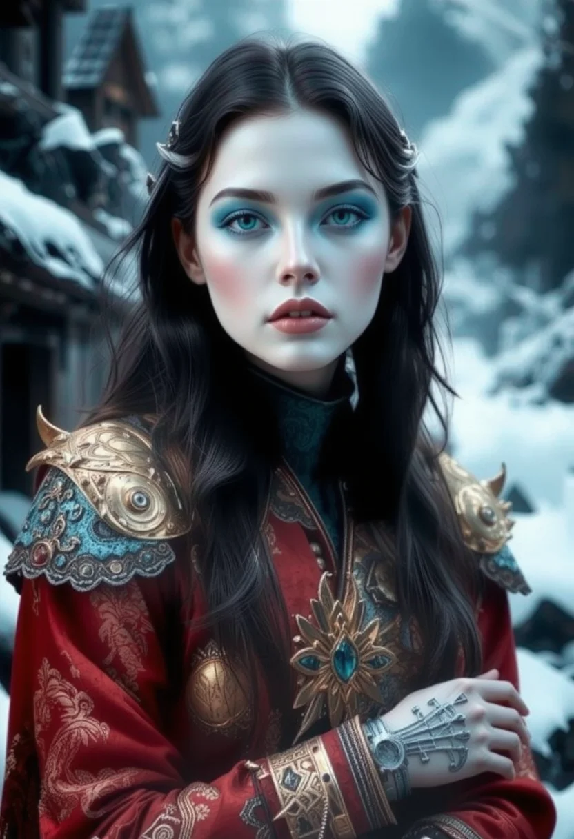 a post-apocalypse portrait of a young beautiful ninjapunk Chinese woman with mechanical_arms and pale skin and long dark hair, blue mystical make up, striking white eyes with , pale blue lips. She wears an ornate, traditional garment in red gold and blue with dragon-like designs on the shoulders. Set against a blurred snowy landscape with dark rocks and trees creating a serene mystical atmosphere. The style focuses on realistic textures, intricate details, and ethereal beauty, evoking a contemplative, mystical mood <lora:flux/flux realism lora.safetensors:1.0>, <lora:flux/ARTifacts.safetensors:1.0>, <lora:scifi/fluxPunk v11.safetensors:1.0>, <lora:artist/style of Simon Bisley FLUX 233.safetensors:1.0>, style of Simon Bisley,
