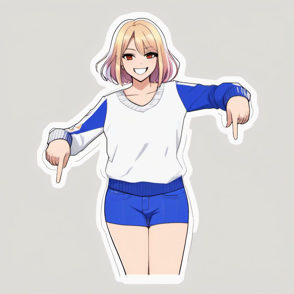 pointingdown, 1girl, pointing down, legs hidden, no background, <lora:pointingdown:1>, two hands pointing, smile, open eyes, Bright Colors, Animated, Animation, Cartoon, Anime, Anime Face, Waifu, 2D, Visual Novel, Manga, Comic, Cel-Shaded, Outline, Sketch, Dark Lighting, (Large Breasts:1.1), (Cleavage:1.1), (Mature Female:1.1)