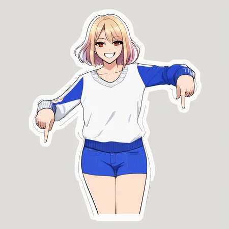 pointingdown, 1girl, pointing down, legs hidden, no background, <lora:pointingdown:1>, two hands pointing, smile, open eyes, Bright Colors, Animated, Animation, Cartoon, Anime, Anime Face, Waifu, 2D, Visual Novel, Manga, Comic, Cel-Shaded, Outline, Sketch, Dark Lighting, (Large Breasts:1.1), (Cleavage:1.1), (Mature Female:1.1)