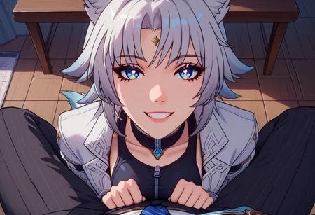 score_9, score_8_up, Feixiao, SH_HSR_Feixiao, star rail, black sports bra, black sports shorts, 1girl, fit, blue eyes, (wolf tail), happy
eyedetailxl, bettereyes, detailed_eyes, white_pupils,
chinese bedroom
BREAK (male sitting on chair, male pov, male wearing suit, woman kneeling in front of male, male pov looking down, female looking up )