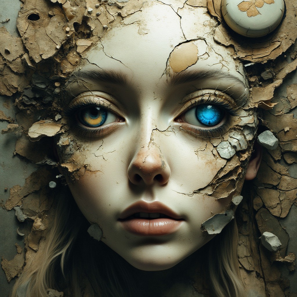 photorealistic image of a face with a single blue eye, surrounded by abstract, fragmented shapes and textures. The face is composed of a mix of organic and geometric elements, creating a surreal and otherworldly effect. The eye is the focal point of the image, staring directly at the viewer with an intense and enigmatic expression. The colors are muted and earthy,