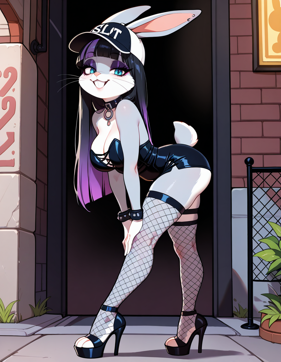masterpiece, best quality, very aesthetic, absurdres,
outdoors, goth fashion, 
full body, posing, standing, 
seductive smile, parted lips, long eyelashes,
<lora:Goth_Bugs_Bunny_v01_NAIXL:1>
G07h88,1girl,solo,furry,furry female,rabbit girl,rabbit ears,long hair,multicolored hair,black hair,purple hair,blunt bangs,rabbit ears,piercing,blue eyes,makeup,eyeshadow,snout,animal nose,whiskers,buck teeth,collar,body fur,two-tone fur,grey fur,white fur,rabbit tail,
baseball cap,large breasts,fishnets,high heels,
