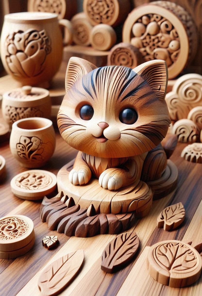 A cute chibi cat, hardwood Wonderland, Transform the universe into a beautifully carved realm of wood, funny theme