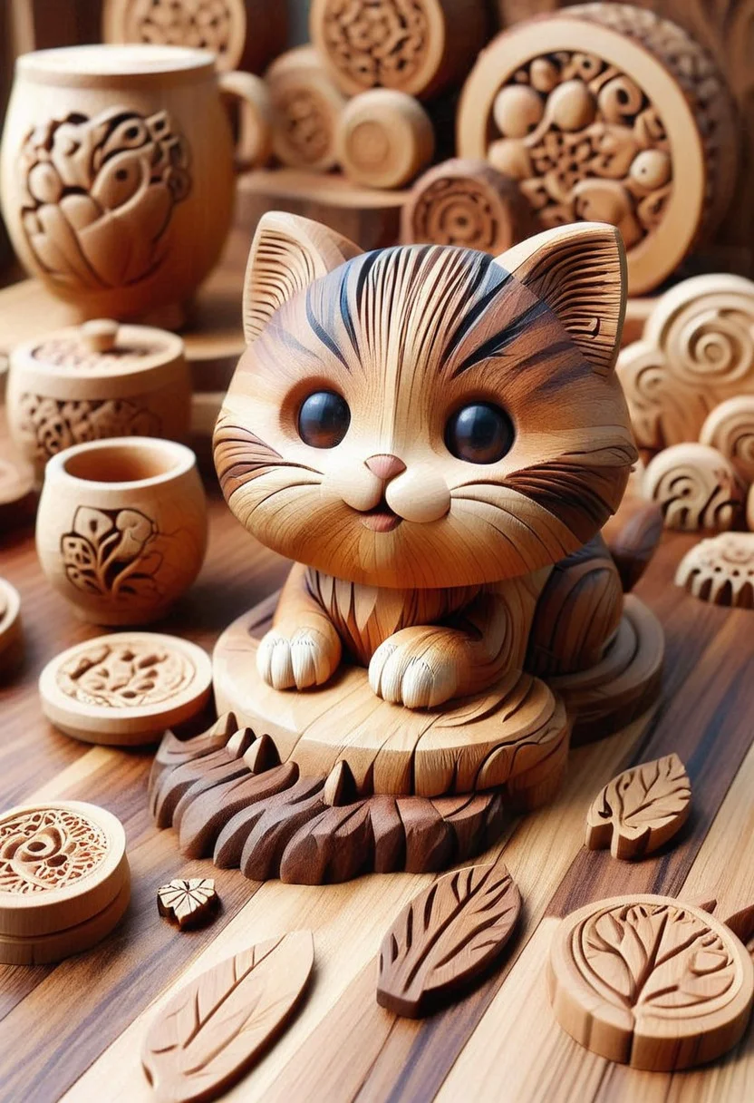 A cute chibi cat, hardwood Wonderland, Transform the universe into a beautifully carved realm of wood, funny theme