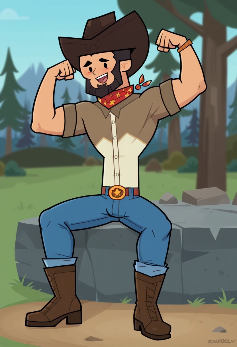 score_9, score_8_up, score_7_up, score_6_up,  flat color, FINN AGUDELO, 1boy, solo, nice skin, black hair, Black eyes, cowboy hat, Black beard, cowboy costube, boots, bluejeans, outdoor, camp, sunny day, exhausted from the heat, blushing, flexing arms, muscle body, Big biceps, Big chest, Big legs, muscle legs