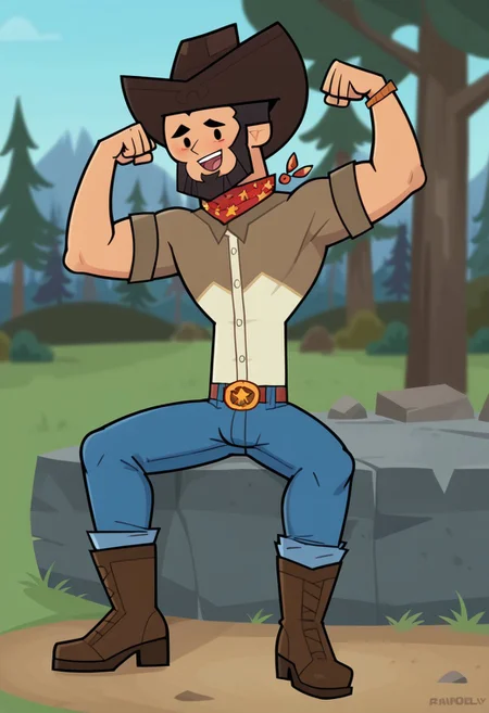 score_9, score_8_up, score_7_up, score_6_up,  flat color, FINN AGUDELO, 1boy, solo, nice skin, black hair, Black eyes, cowboy hat, Black beard, cowboy costube, boots, bluejeans, outdoor, camp, sunny day, exhausted from the heat, blushing, flexing arms, muscle body, Big biceps, Big chest, Big legs, muscle legs