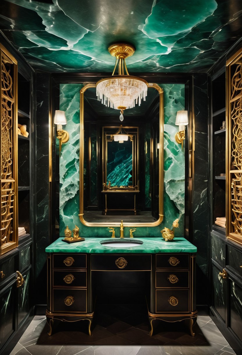 a cabaret singer's smoky dressing room within a crystal cavern; the cavern wall is a granite blend of obsidian, quartz, and jade. (The room is illuminated by a pair frosted-jade or soapstone sconces, inset into the wall on either side of a vanity mirror). Several beautiful and varied ao dai dresses hang from a clothing rack next to an ornate armoire. the neo-noir ambience combines a sense of intrigue with opulence.