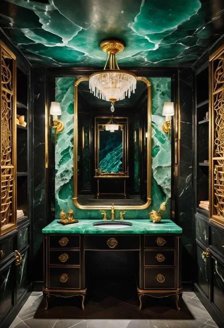 a cabaret singer's smoky dressing room within a crystal cavern; the cavern wall is a granite blend of obsidian, quartz, and jade. (The room is illuminated by a pair frosted-jade or soapstone sconces, inset into the wall on either side of a vanity mirror). Several beautiful and varied ao dai dresses hang from a clothing rack next to an ornate armoire. the neo-noir ambience combines a sense of intrigue with opulence.