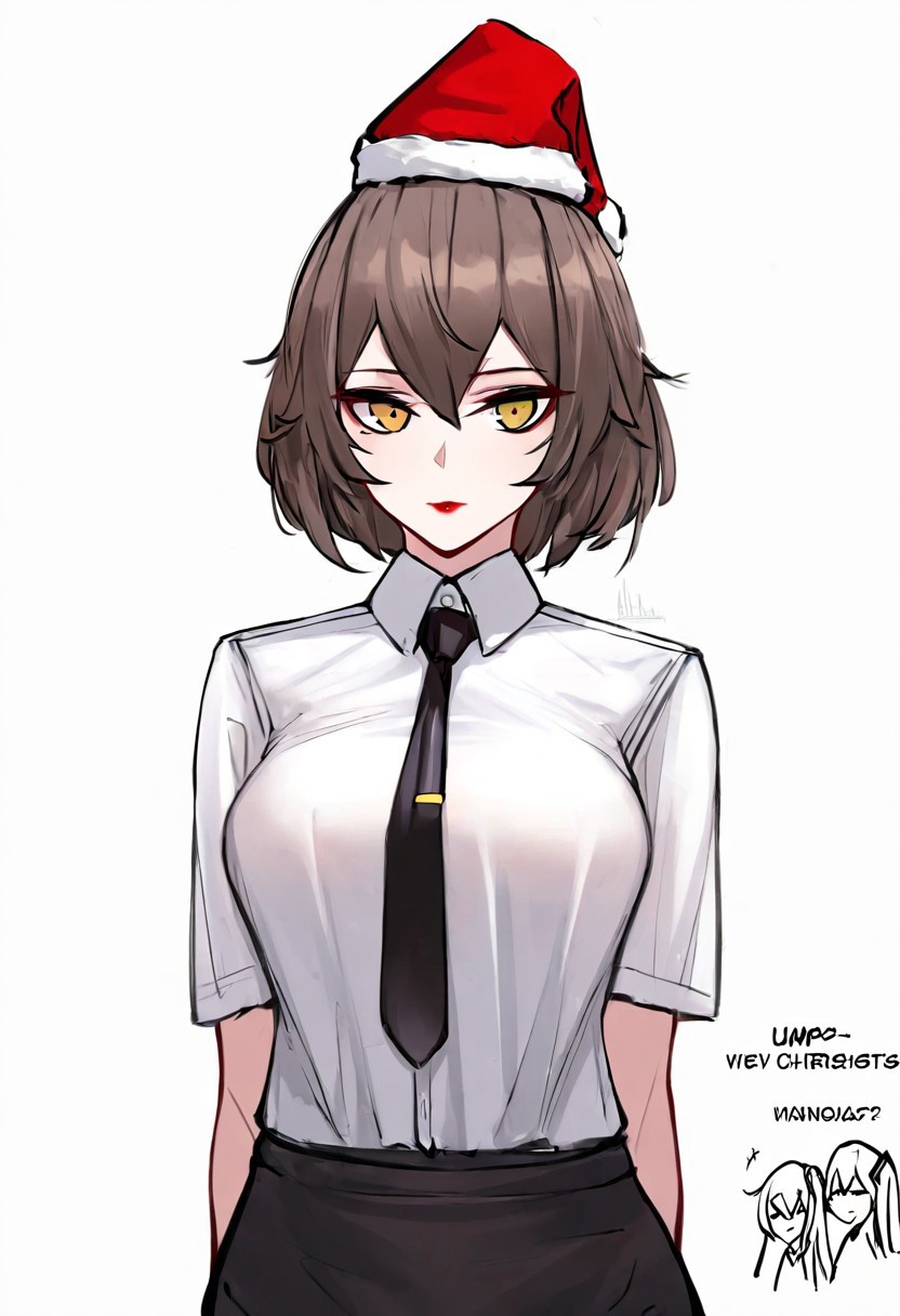 High resolution, high quality detailing, character emphasis, 1 girl, UMP-45 (Girls' Frontline), highly detailed face, highly detailed hair, brown hair (short hair), high quality face, red lips, Christmas hat on head, medium breasts, white shirt (tie on shirt), half body, standing, masterpiece, top quality, very aesthetically pleasing, no background