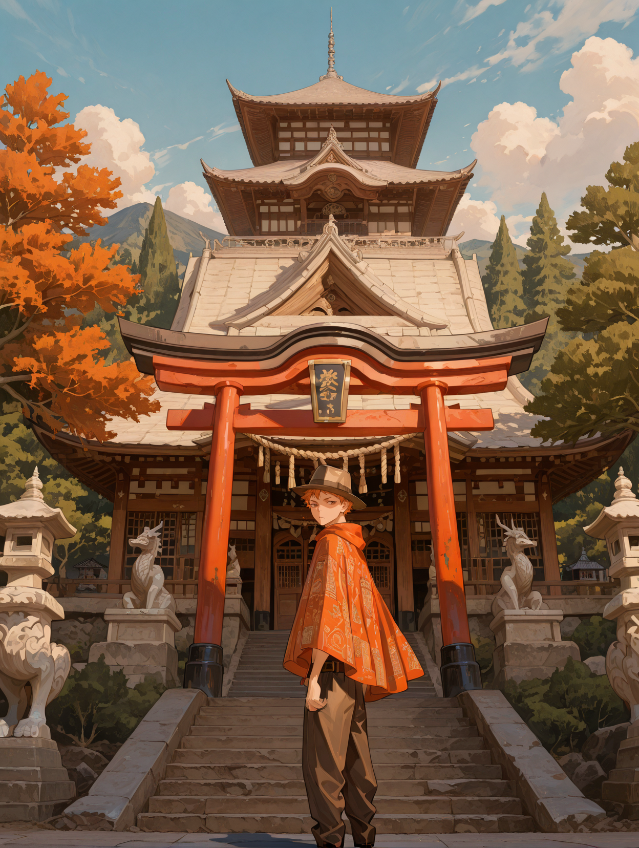 HinataShoyoCYQL,1boy,male focus,solo,short hair,orange hair,brown eyes,Patterned silk shirt,Wide-leg trousers,Suede loafers,Fedora hat,Leather belt,Aviator sunglasses,frown,looking_back,
BREAK
architecture,eastasianarchitecture,outdoors,scenery,statue,standing,sky,cloud,tree,banner,torii,day,building,cloudysky,pillar,pagoda,stairs,shrine,wideshot,cloak,fire,sunlight,mountain,flag,smoke,nature,rope,gate,bluesky,forest,shadow,ruins,dragon,
BREAK
usnr,748cmstyle,<lora:USNR STYLE_XL_loha:0.45>,<lora:spo_sdxl_10ep_4k-data_lora_webui:0.6>,<lora:illustrious_all_rated_v1:0.6>,<lora:748cmSDXL:0.6>,<lora:illustrious_quality_modifiers_masterpieces_v1:0.8>,<lora:HinataShoyoCYQL:1>,
perfect quality,high quality,masterpiece,best quality,amazing quality,very aesthetic,absurdres,newest,