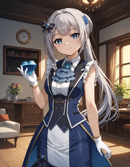 score_9, score_8_up, source_anime, 1girl, upper body, medium shot, detailed, mgrcyakumomitama, mtmmgc, grey hair, ponytail, side braid, blue eyes, looking at viewer, black hair bow with gem, white sleeveless shirt, white frills, blue ascot, blue open tailcoat, black vest, white gloves, blue frilled pencil skirt, indoors, room, hand up, dynamic pose, light smile, holding gem, <lora:mgrcyakumomitama_XL:1>