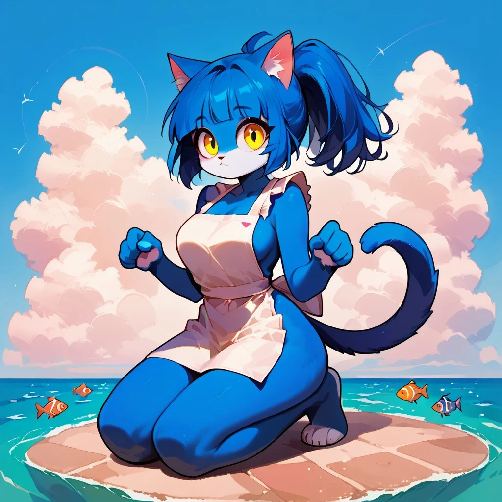 Audr3yC4t, c4toony style, Blue anthro cat, blue hair, blue fur, ponytail, bangs, yellow eyes, big eyes, detailed eyes, pink cat nose, animal ear fluff, solo, full body, selling fish, harbor, clouds,
score_9, score_8_up, score_7_up, score_6_up, source_anime, detailed,
Fisherman outfit, white apron,