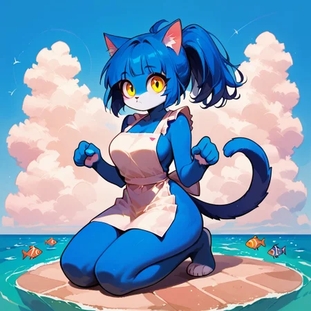 Audr3yC4t, c4toony style, Blue anthro cat, blue hair, blue fur, ponytail, bangs, yellow eyes, big eyes,  detailed eyes, pink cat nose, animal ear fluff, solo, full body, selling fish, harbor, clouds,
score_9, score_8_up, score_7_up, score_6_up, source_anime, detailed,
Fisherman outfit, white apron,