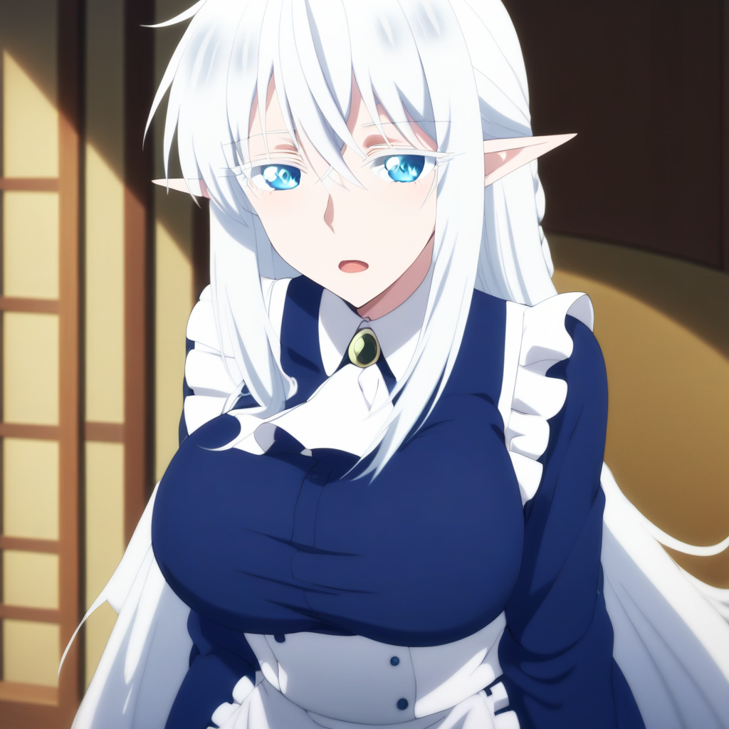 score_9, score_8_up, score_7_up, BREAK source_anime,  schnee raizar, blue eyes, white eyelashes, white hair, long hair, large breasts, pointy ears, long blue dress, white apron, long sleeves,