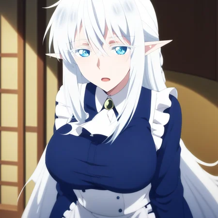 score_9, score_8_up, score_7_up, BREAK source_anime, schnee raizar, blue eyes, white eyelashes, white hair, long hair, large breasts, pointy ears, long blue dress, white apron, long sleeves,