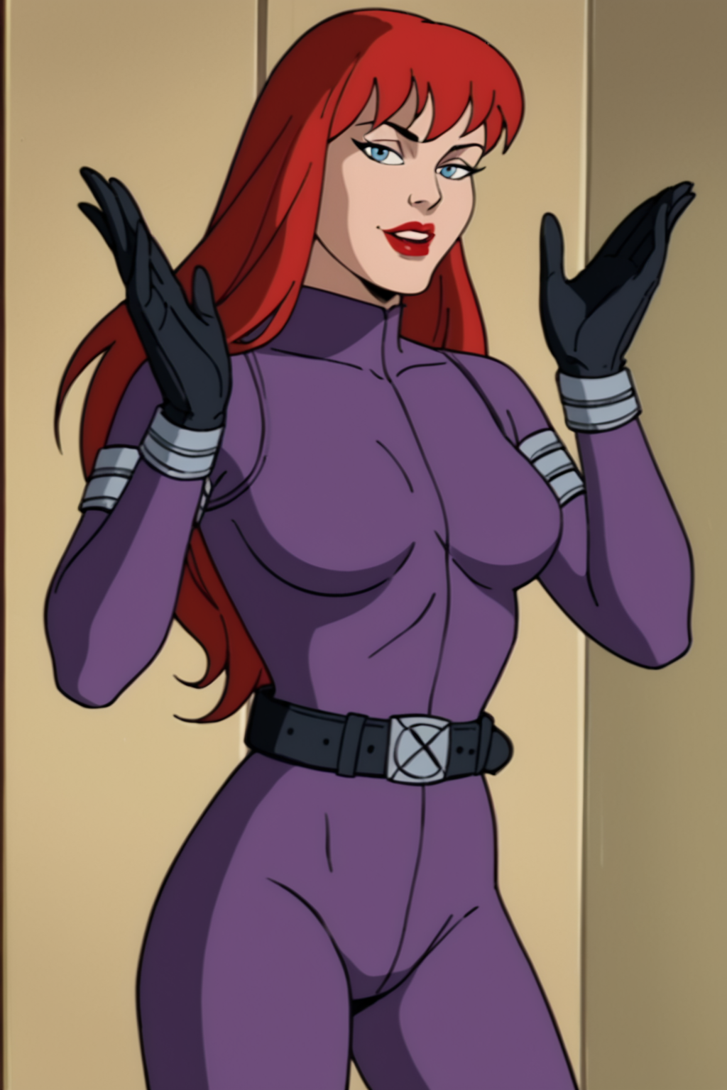 PonyXLV6_Scores, ((retro artstyle, parody), perfect anatomy, perfect eyes, cowboy shot) <lora:add_details_xl:1> BREAK <lora:MJ90s:0.8> mary jane watson, long hair, red hair, lipstick, red lips, blue eyes, sultry eyes, naughty face, parted lips ((looking at viewer)), bodysuit, purple bodysuit, belt, black gloves, teasing viewer, arched back, sexually suggestive pose, model pose, dynamic pose, night, indoors