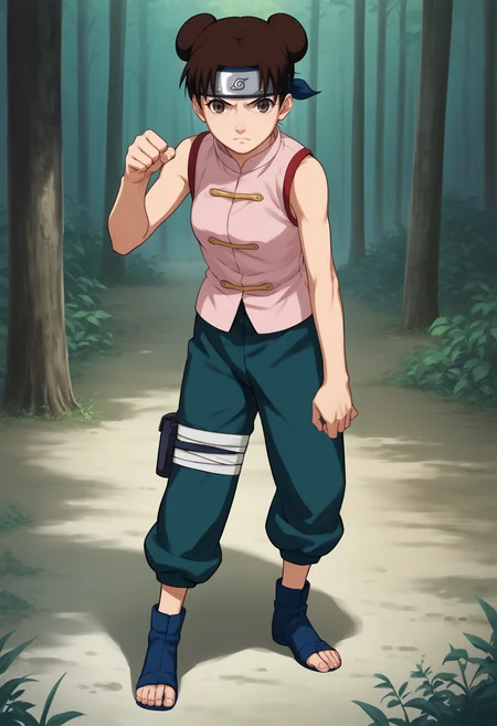 score_9, score_8_up, score_7_up, score_6_up, score_5_up, score_4_up, BREAK, source_anime,
1girl, ytenten, brown eyes, brown hair, short hair, double bun, forehead protector,
konohagakure symbol, bare shoulders, sleeveless shirt, pants, bandages, toeless shoes,
fighting stance, full body, looking at viewer, solo, standing, outdoors, forest <lora:TentenGeninXL:1>