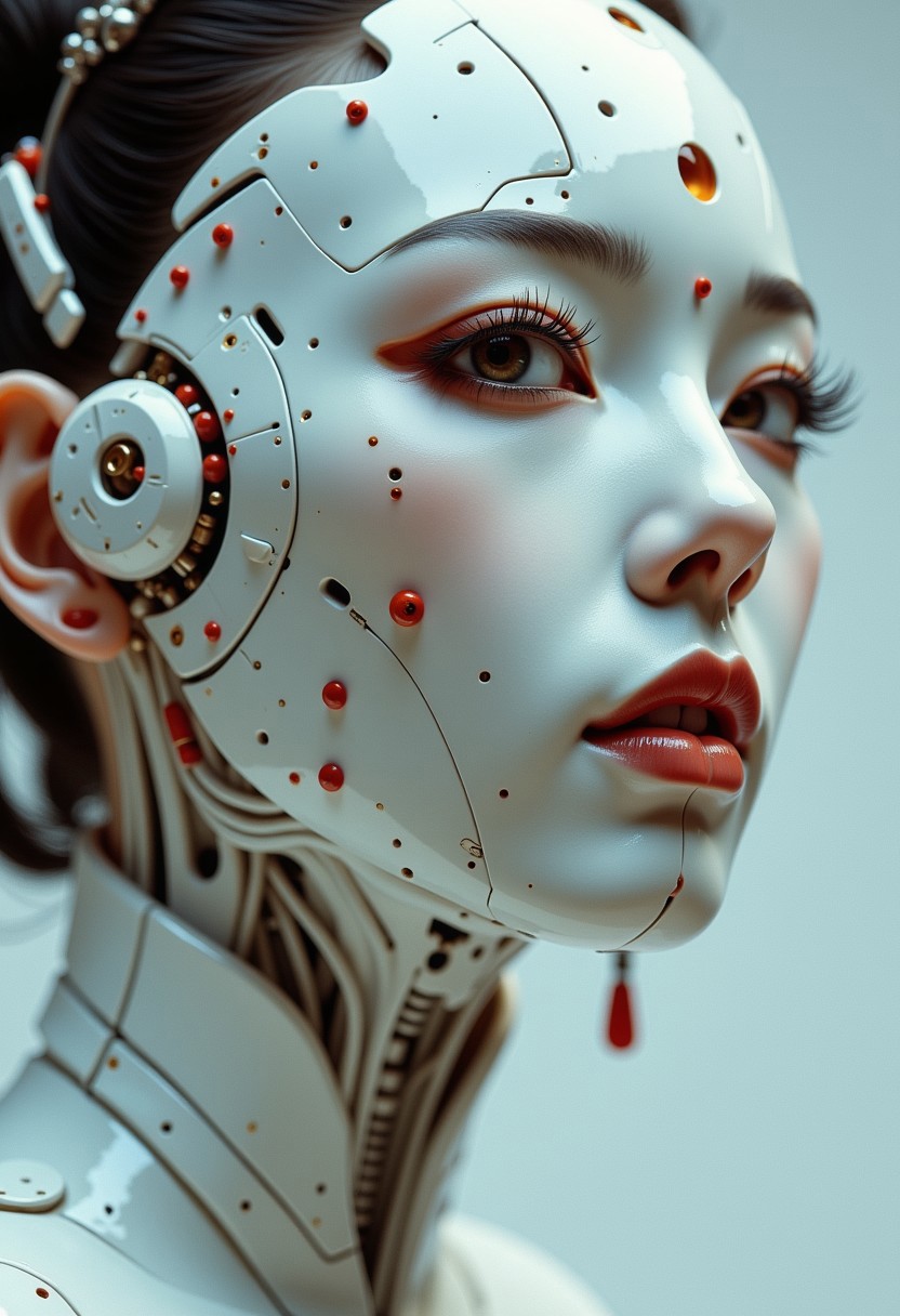 in the style of ck-ncr, female geisha android, white ceramic face mask covering half of her face, the other side exposes the mechanical and cybernetic parts of her