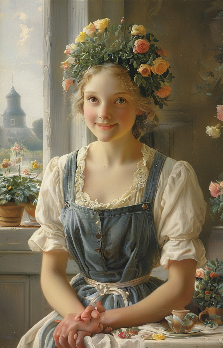 masterpiece,best quality,<lora:tbh240-sdxl:0.9>,illustration,style of Fritz Zuber-Buhler, portrait of Housework robots
