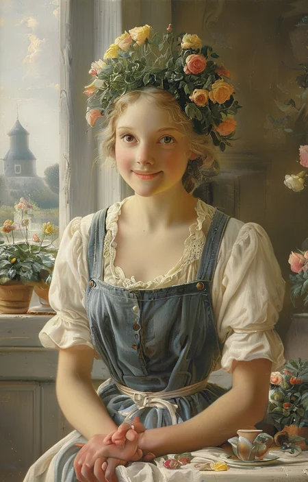 masterpiece,best quality,<lora:tbh240-sdxl:0.9>,illustration,style of Fritz Zuber-Buhler, portrait of Housework robots