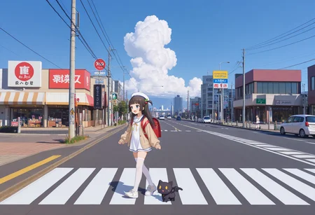1girl,solo,cute girl,cute face,beautiful face,kawaii,very long legs,slender legs,masterpiece,best quality,amazing quality,very aesthetic,absurdres,highres,pastel colors,very awa,good aesthetic,hyper details,beautiful,amazing,
BREAK
blue eyes,side hair,one side up,long hair,straight_hair,blunt bangs,bangs,black hair,hime cut,(cherry hair ornament:1.1),one_side_up,
BREAK
sailor dress,white dress,bule sailor collar,white_cropped_shirt,white belt,miniskirt,socks,loafers,open clothes,puffy long sleeves,open cardigan,beige brown cardigan,sleeves past wrists,flat stomach,
white hat,white thighhighs,neck ribbon,white footwear,shoes,sneakers,
standing,(clothing_slip:1.4),
feature large highlight,feature double highlights,
1cat,Chomusuke\(konosuba\),Chomusuke,black cat,
full body,
red randoseru,
<lora:Japanese_Suburbs:0.7>,Japanese Suburbs,shop,scenery,outdoors,road,sign,building,street,road sign,city,power lines,utility pole,traffic light,crosswalk,lamppost,sidewalk,cityscape,photo background,
(kasukabe akira:0.5),zebra crossing,from_side,looking_away,looking_to_the_side,facing_away,knee_up,walking,cloud,blue sky,looking_at_another,(walk sideways:1.1),:d,happy,