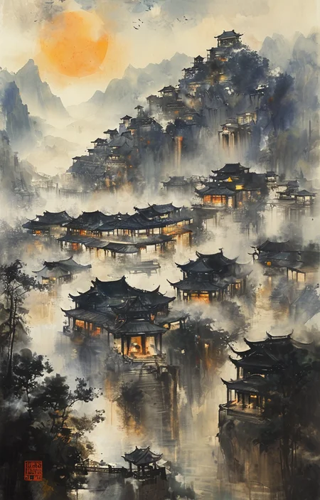 masterpiece,best quality,<lora:tbh171-sdxl:0.9>,illustration,Fu Baoshi,building