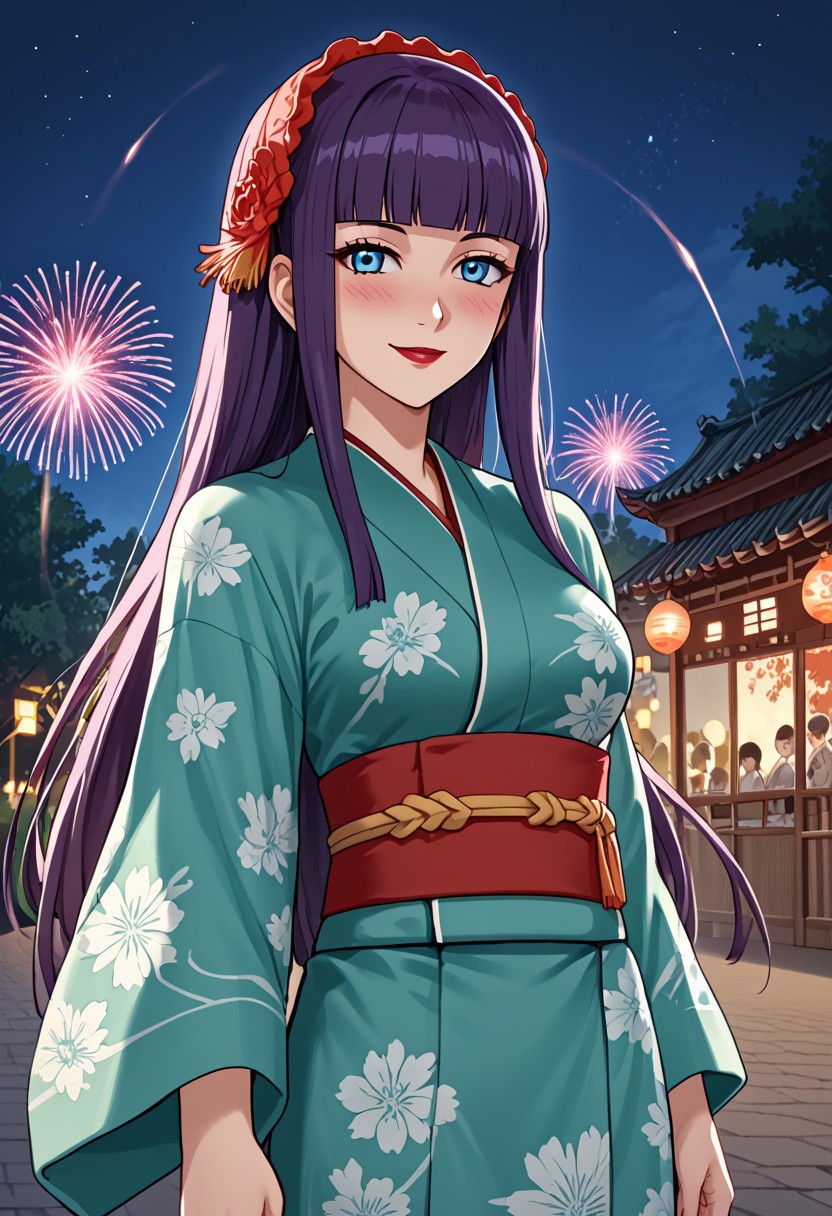 score_9,score_8_up,score_7_up,source_anime,5_figner,2d_animation,game cg,BREAK,1girl,solo,Loretta Lecarde,purple hair,blunt bangs,hime cut,blue eyes,long hair,red lips.green yukata,floral print,white obi,japanese clothes,sash,transparent,
sandals,
medium breasts,smile,front view,upper body,looking at viewer,full-face blush,
summer festival,traditional Japanese lanterns, food stalls,night sky, fireworks, 
masterpiece,best qualit,ultra-detailed,illustration,an extremely delicate and beautiful,beautiful detailed eyes,unity 8k wallpaper,high resolution,anime CG,official_art,