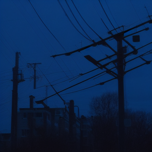 blue sky, bare tree, chair, night, window, air conditioner, rain, umbrella, traditional media, power lines, lamppost, cloudy sky