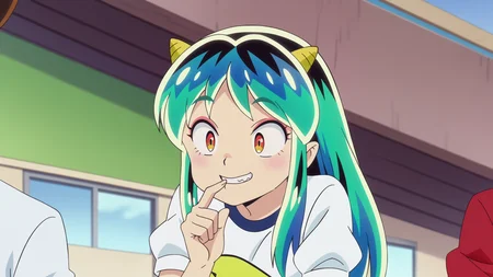 anime screencap, Sci-fi laboratory with advanced technology and glowing vials, BREAK anime screencap, Gym Uniform, Lum, light smile, oni horns, Biting the edge of a finger provocatively, <lora:Private_Urusei_Yatsura_2022_-Lum-_PDXL_v2:0.8>