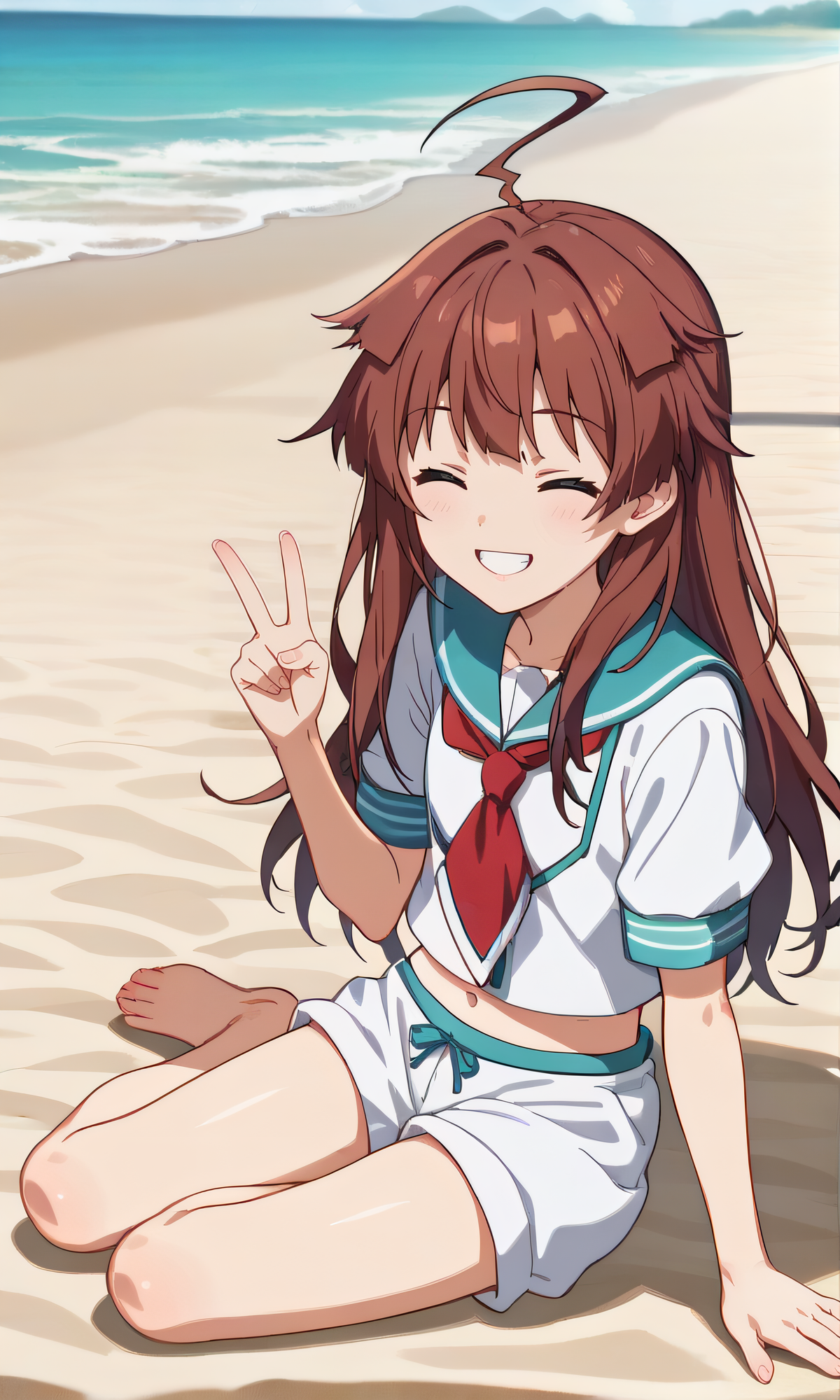 score_9, score_8_up, score_7_up, source_anime, rating_safe, intricate details, anime screencap, official style, anime coloring, 1girl, solo, <lora:Kuma:1>, kuma, long brown hair, closed eyes, serafuku, navel, short sleeves, white shorts, looking at viewer, outdoor, open mouth, full body, barefeet, smile, blue sky, sand, beach, five fingers, grin, teeth, sitting