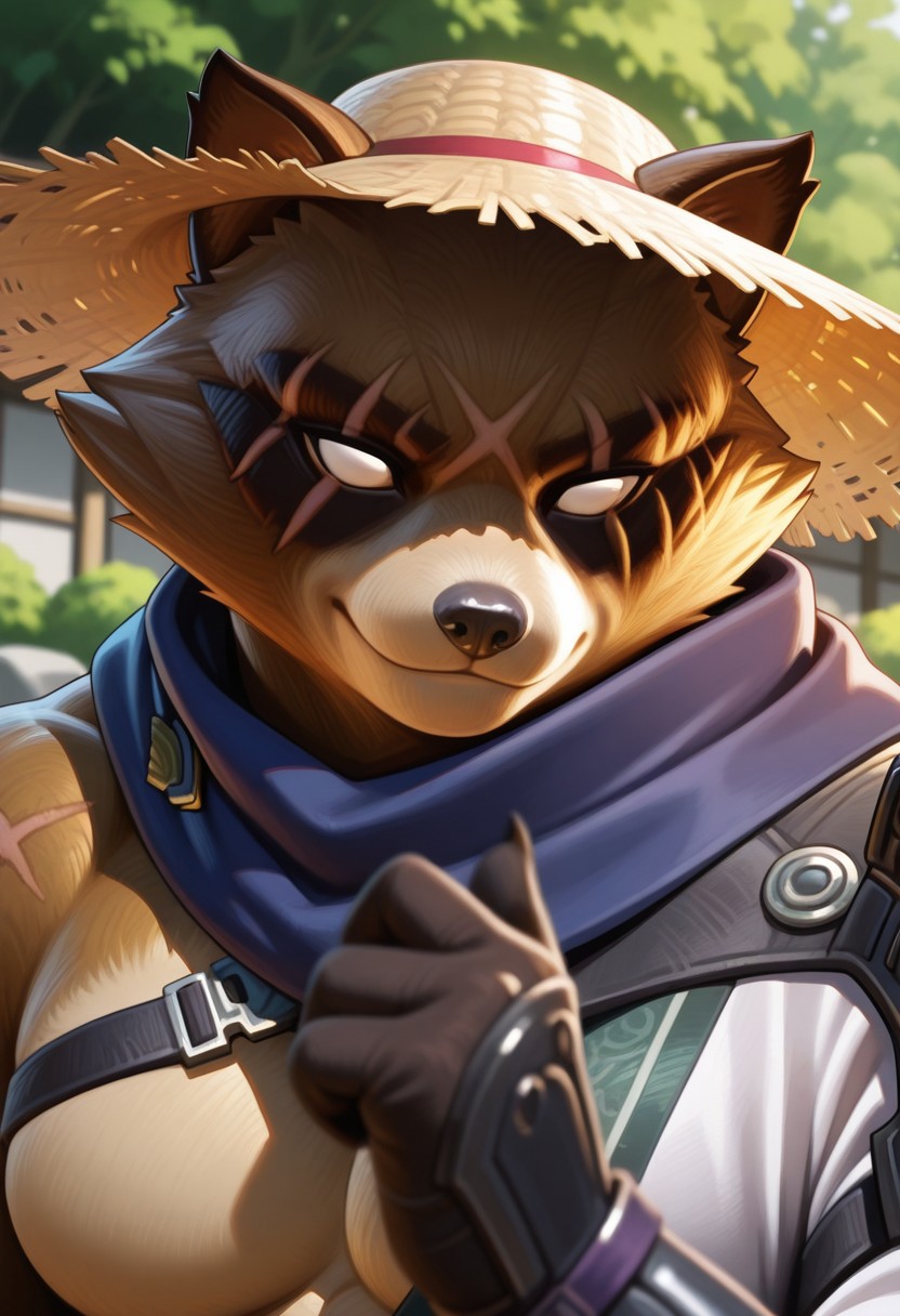 hajime, solo, furry, tanuki, perfect eyes, perfect face, smile, brown fur, tail, no pupils, white sclera, muscular, manly, mature, scar, scar on eyes, large pectorals, dynamic angle, face focus, portrait, single pauldron, gloves, straw hat, japanese garden, unparalleled masterpiece, best quality, amazing quality, very aesthetic, high resolution, 4K, extremely-detailed, depth of field, high sharpness, newest, scenery, detailed fur, detailed muscles, cinematic lighting, photorealism, (soft shading),  <lora:HajimeV1:1>
