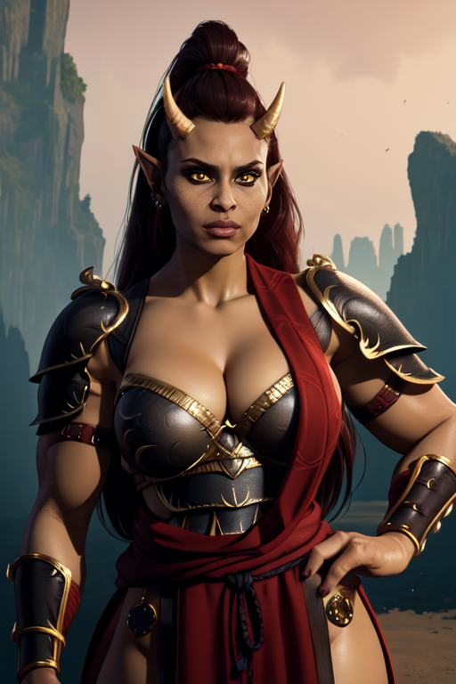 Sheeva, pointy ears, horns,yellow eyes, long hair,  large breasts, 
red robes. armor,  cleavage,    serious,  
arena,  morning,  outside,   
standing, upper body,  
 mortal kombat, 
 (insanely detailed, beautiful detailed face, masterpiece, best quality)  <lora:SheevaMK11-10v5:0.8>