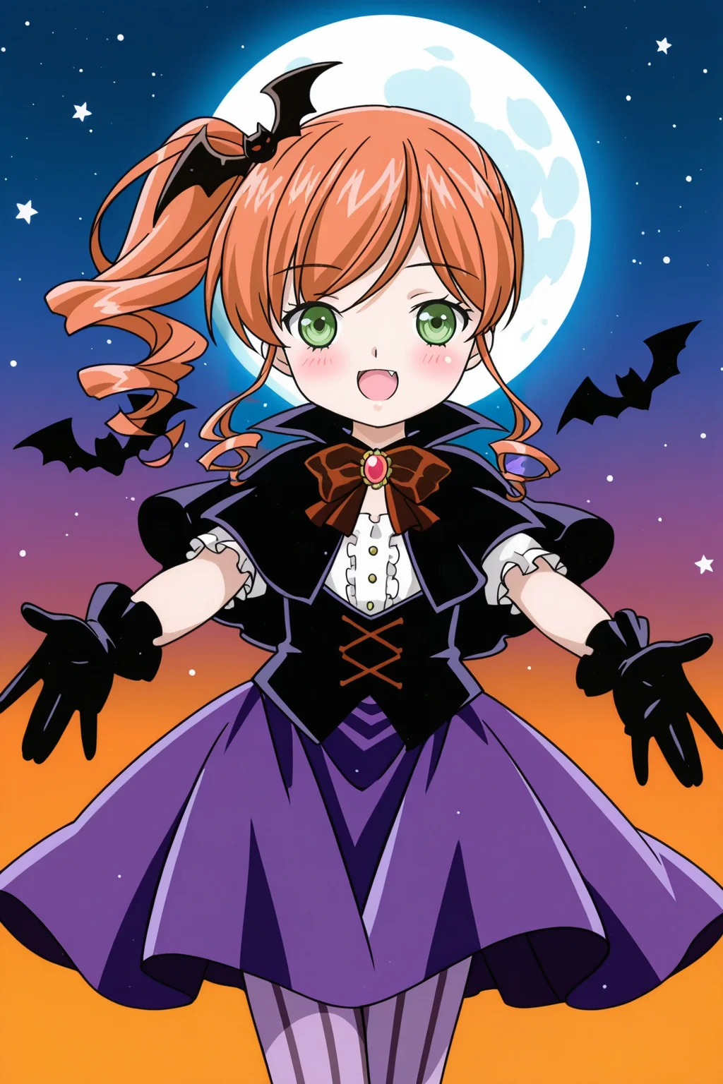 <lora:RozenMaiden:1>, RozenMaiden, 1girl, solo, halloween, gloves, pantyhose, striped pantyhose, bat \(animal\), striped clothes, open mouth, black gloves, looking at viewer, smile, side ponytail, jewelry, halloween costume, hair ornament, vertical-striped clothes, brooch, skirt, vertical-striped pantyhose, purple skirt, blush, :d, bat hair ornament, outdoors, night, night sky, starry sky, moon, full moon,