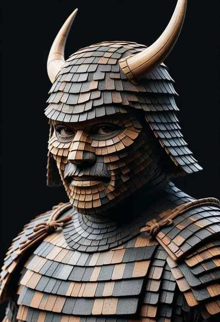 detailed, realistic, 8k uhd, high quality, masterpiece, mad-shingles, samurai, samurai armor made of shingles, samurai_mask, black background