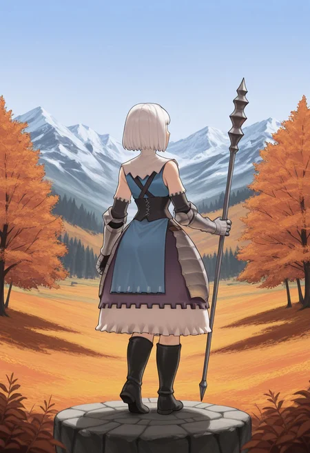 source_vanillaware,
backshot, back of head,
1girl, solo,
SharonIL, Sharon Unicorn Overlord,
white hair, bob cut, short hair,
white shawl, medieval dress, blue apron, black corset, dress armor, white sleeve tips, black sleeves, silver gauntlets, black boots,
blue top,
holding staff, black pernach,
cliffside, mountains, autumn trees,