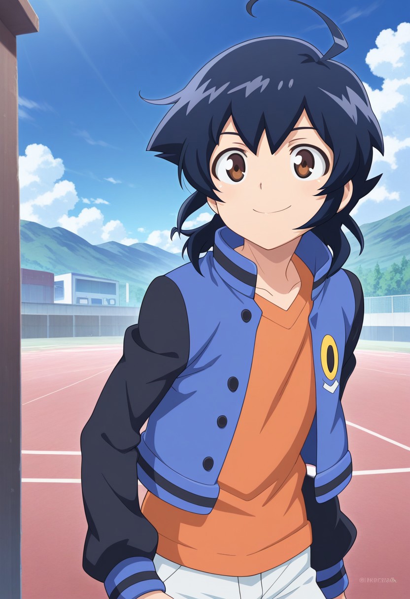 masterpiece,best quality,amazing quality, source_anime,
hirozora, 1boy, male focus, solo, brown eyes, blue hair, medium hair, ahoge, shirt, orange shirt, jacket, blue jacket, black sleeves, open jacket, smile, day, sky, clouds,