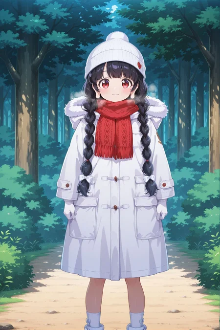 absurdres, highres, masterpiece, best quality, amazing quality, official anime artwork, screencap, anime screencap, outdoors, looking at viewer, light smile, dynamic pose, standing,
<lora:Narumi-Yatadera_Illustrious:1> yatadera narumi, 1girl, solo, red eyes, black hair, long hair, twin braids, long earlobes,, yatadera narumi \( the magical jizou who manifested in the forest\), alternate costume, alternate headwear, beanie, white hat, fur-trimmed hood, hooded coat, white coat, long sleeves, plaid scarf, red scarf, white gloves, pocket, white socks, white boots, fur-trimmed boots, footwear bow, white bow,