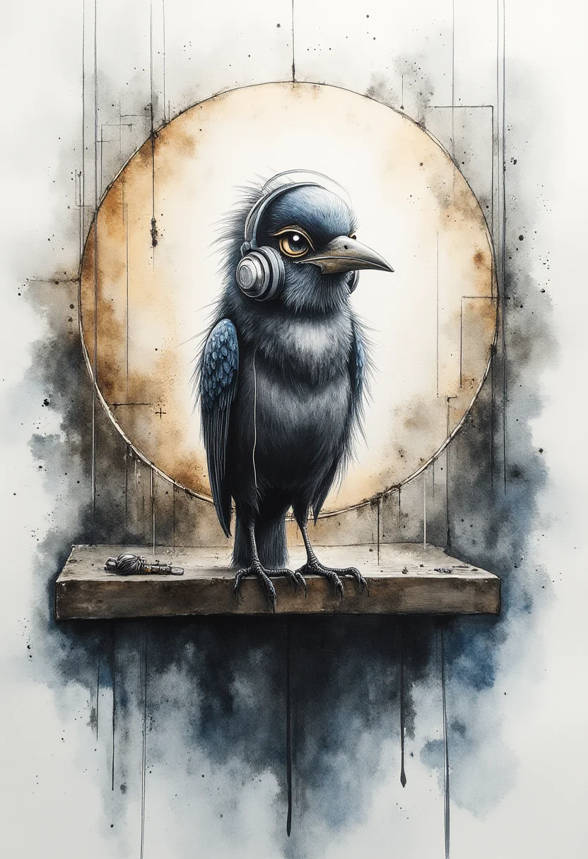 A minimalist drawing depicting an anthropomorphic bird, meticulously rendered in clean, unbroken lines, perched within a subtly suggested recording studio environment. The bird, adorned with elegantly stylized headphones, is captured mid-song, its posture conveying a sense of deep concentration and quiet calm. The studio itself is indicated through the barest suggestion of acoustic panels and a microphone stand, all reduced to essential geometric forms. Soft, neutral-tinted light bathes the scene, subtly highlighting the birds form and lending a serene, uncluttered feel. A palette of warm and cool tones, sparingly applied, emphasizes the quiet elegance and restrained emotional depth of the moment. The overall impression is one of poised stillness and introspective artistry, conveyed through the purity of line and the deliberate absence of detail. ,<lora:flux/fav/paintart-style-015-v1-0-flux.safetensors:1.0:1.0>
