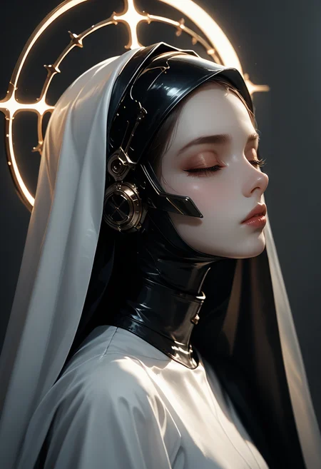(score_9, score_8_up), score_7_up, 1girl, simple background, closed eyes, upper body, shiny, grey background, from side, lips, eyelashes, profile, colored skin, headgear, halo, helmet, pale skin, veil, close-up, science fiction, white skin, realistic, nose, grey theme, latin cross, white skin, nun, red background, detailed skin,
dark, blurry background, dark lighting, dof, depth of field, realistic, dark background,
<lora:unholy-000009:0.9> <lora:CINE-000008:0.3>