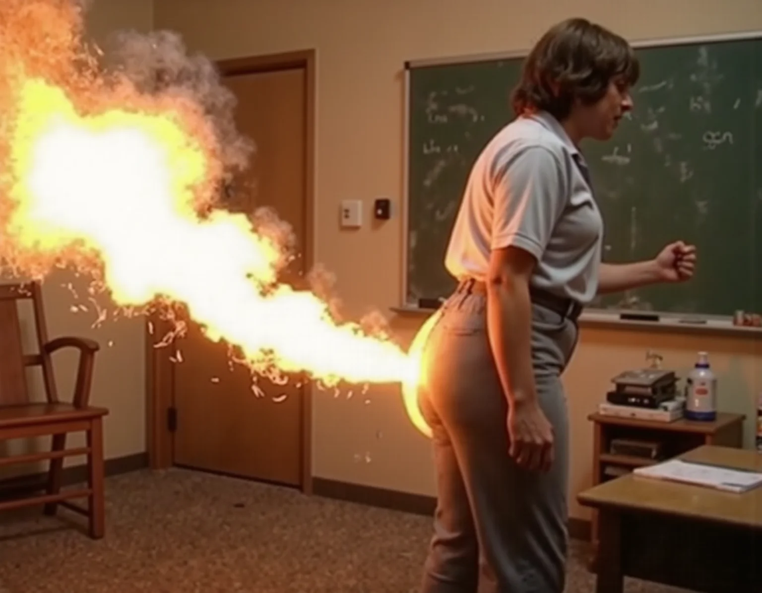 old color photo, My son's teacher is so angry that she is flatulating fire from her rear end., analog, faded