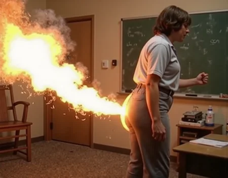 old color photo, My son's teacher is so angry that she is flatulating fire from her rear end., analog, faded