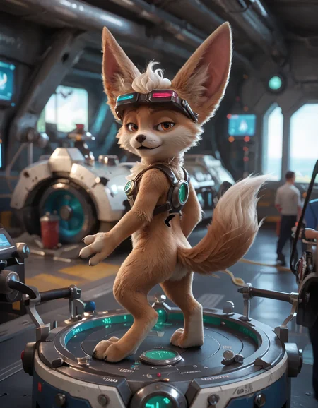 score_9, score_8_up, score_7_up, BREAK (anthro, furry:1.1), depth of field, cinematic lighting, masterpiece, detailed hands, detailed face, best quality, ultra realistic, 4k, 2k, film photography, RAW photo, photorealistic, analog style, subsurface scattering, photorealism, embedding:unaestheticXL_bp5, embedding:zPDXL,(best quality, high quality, 8K:1.5), <lora:add-detail-xl:2.5>, <lora:fix_hands.safetensors:2.0>, <lora:2.5DRealisticV2.safetensors:0.2>, <lora:sinfully_stylish_SDXL.safetensors:0.6>, <lora:AdvancedEnhancerXLv2.safetensors:1.0>, (hi res), ((masterpiece)), ((best quality)), illustration, <lora:Chip_the_Fox_Mobile_Legends.safetensors:0.7>, anthro, furry, chip the fox, fennec fox, 1boy, animal feet, sunglasses, blurry background, tan fur, smile, goggles, body fur, fox ears, tail, 3 toes, chest tuft, cheek tuft, eyewear on head, machine (close-up, looking back , shipyard, grimace:1.25)