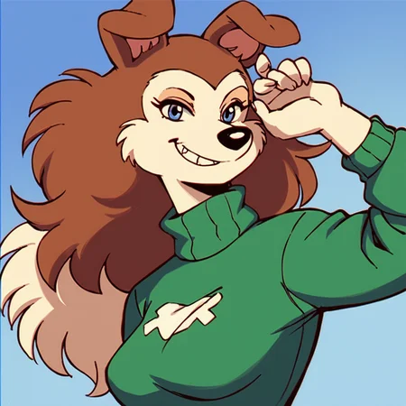 score_9, score_8_up, score_7_up, score_6_up, score_5_up, score_4_up, (Source furry), (rating safe), <lora:ColleenXL:0.7>, 1girl, solo, breasts, looking at viewer, smile, brown hair, shirt, animal ears, upper body, teeth, grin, turtleneck, dog ears, retro artstyle, animal nose, snout, dog girl, colleen, blue eyes, two-tone hair, two-tone fur, furry, furry female, long hair