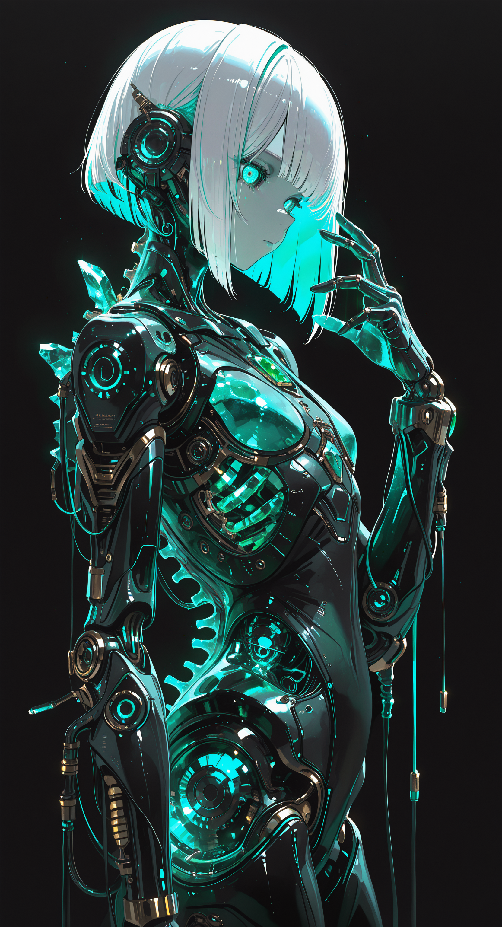 masterpiece, best quality, good quality, very awa, newest, highres, absurdres, 1girl, solo, looking_at_viewer, short_hair, closed_mouth, white_hair, multicolored_hair, cowboy_shot, hand_up, two-tone_hair, from_side, aqua_eyes, aqua_hair, expressionless, glowing, bob_cut, black_background, robot, gem, colored_inner_hair, glowing_eyes, crystal, android, cable, joints, mechanical_arms, robot_joints, green_gemstone, mechanical_parts, spine, limited palette, h4ra_illu <lora:illustriousXL_stabilizer_v1.23:0.3> <lora:NOOB_vp1_detailer_by_volnovik_v1:0.3> <lora:ponyv6_noobE11_2_adamW-000017:0.3> <lora:114558v4df2fsdf5:0.6> <lora:XXX667:0.4> <lora:-_iLL_-_the_edgy_mech_V2.0-:0.8>