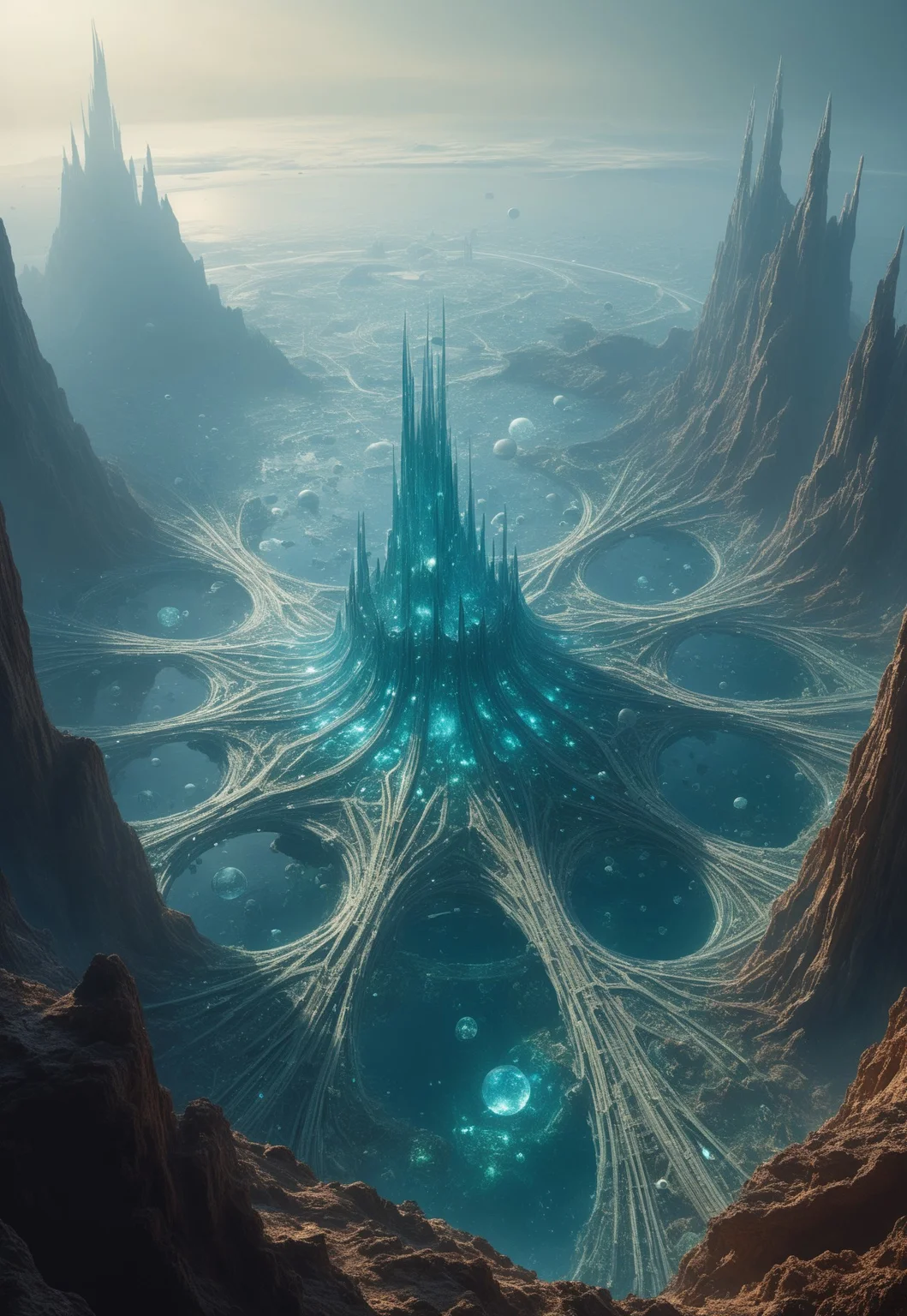 Roger Dean-inspired creative scene of an extraterrestrial civilization. At the center of the image stands a magnificent and awe-inspiring alien city rising from an endless expanse of interstellar ocean, seemingly transcending Earth's architectural artistry. The city is composed of transparent crystal and metals that shimmer with various colors of light. They intertwine and cross, forming a complex and intricate network structure. The appearance of the city presents a unique style where fluidity and static beauty coexist, resembling a living piece of art, with each wall continuously changing its shape and color, displaying endless vitality. A part of the city floats in mid-air, supported by delicate energy fibers that sway gently with the wind, emitting soft and pleasing sounds. From here, one can clearly see that the interior of the city is filled with lush botanical gardens and crystal-clear bodies of water, perfectly integrated into their surrounding environment, adding a touch of vitality to this alien civilization's home.
(8k uhd:1,4)
<lora:add-detail-xl:1>
<lora:Dynamic Poses:1>