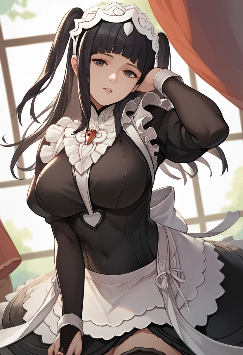 score_9, score_8_up, score_7_up, source_anime, BREAK 1girl, solo, <lora:fatesmaid-fe-richy-v1_pdxl:1> fates maid, maid headdress, maid apron, black thighhighs, bridal gauntlets, <lora:tharja-pdxl-nvwls-v1:0.8> rndTh, two side up, black hair, parted lips, looking at viewer, large breasts, tiara, bangs
