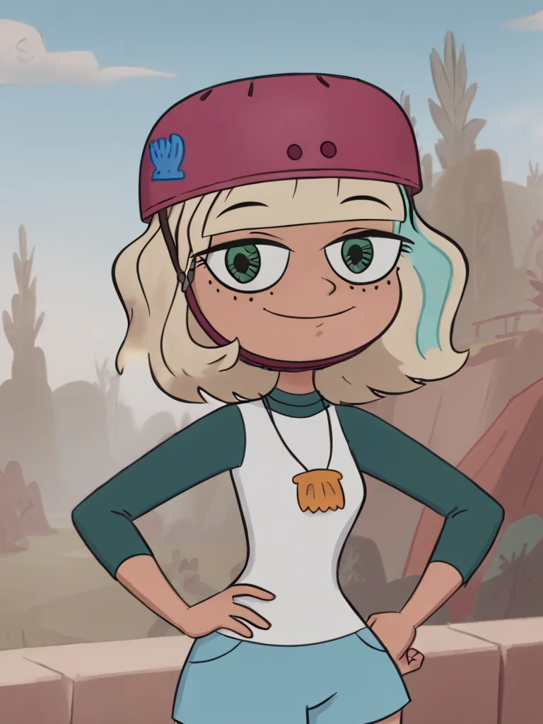 <lora:JackieLPony1.0:1.0> jackiel, blonde hair, 1girl, green eyes, solo, multicolored hair, short hair, shirt, shell necklace, bangs, long sleeves, blue shorts,smile,standing, helmet,cowboy shot,looking at viewer, score_9,<lora:Smooth Anime Style LoRA XL:1> toon \(style\),